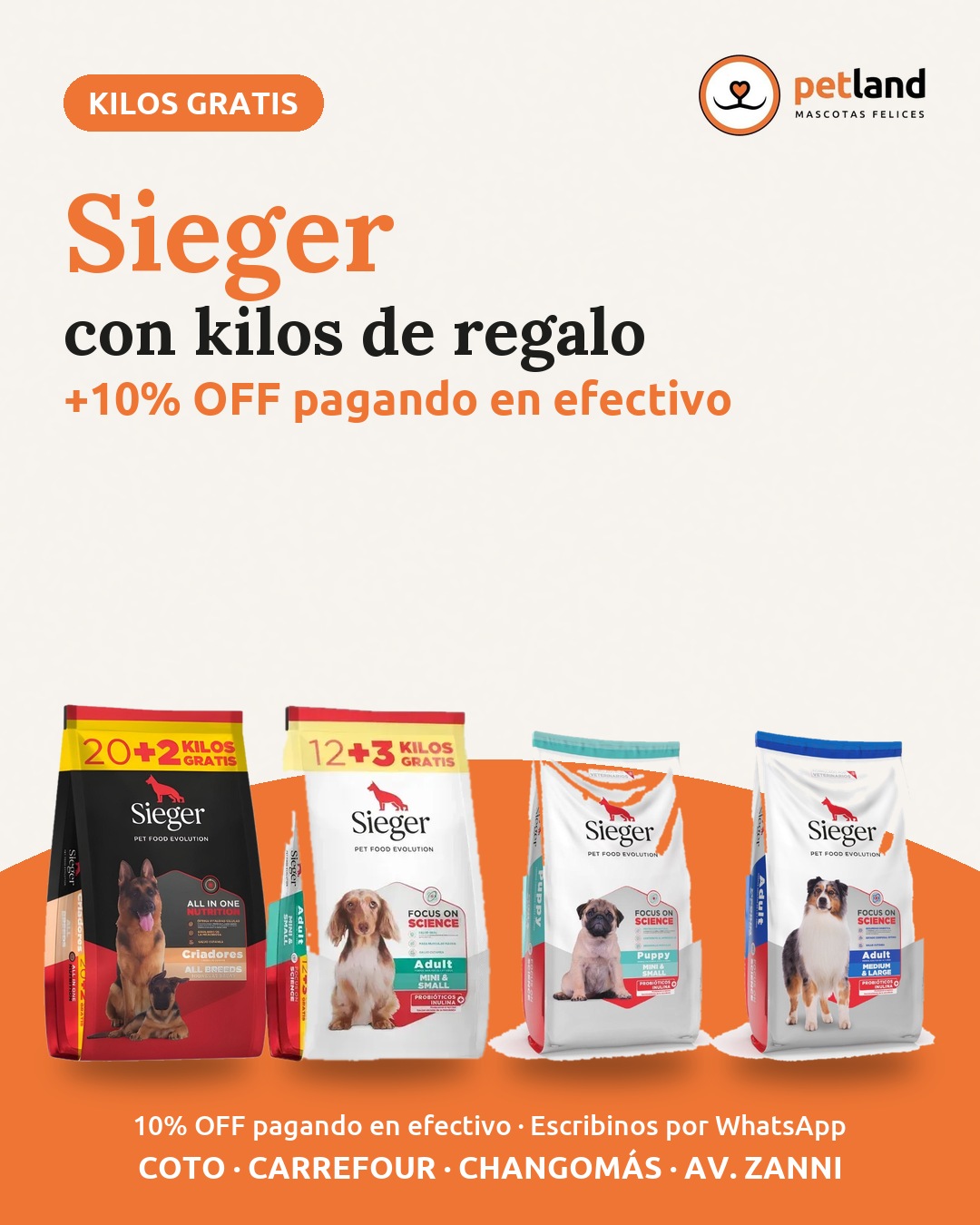 Sieger con kilos de regalo: Criadores 20+2 kg y Mini 12+3 kg, 10% OFF pagando en efectivo